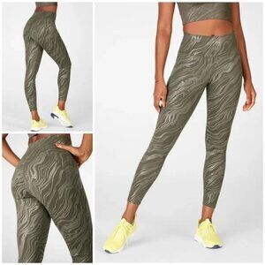 Fabletics High-Waisted Powerhold 7/8 Leggings Olive Green Swirl Print Womens Med